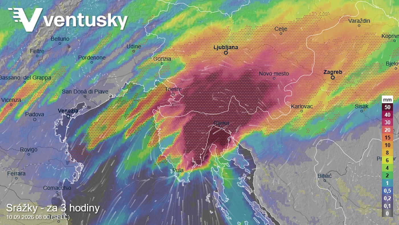 Mapa předpověďi extrémně silných bouřek pro Chorvatsko a Slovinsko