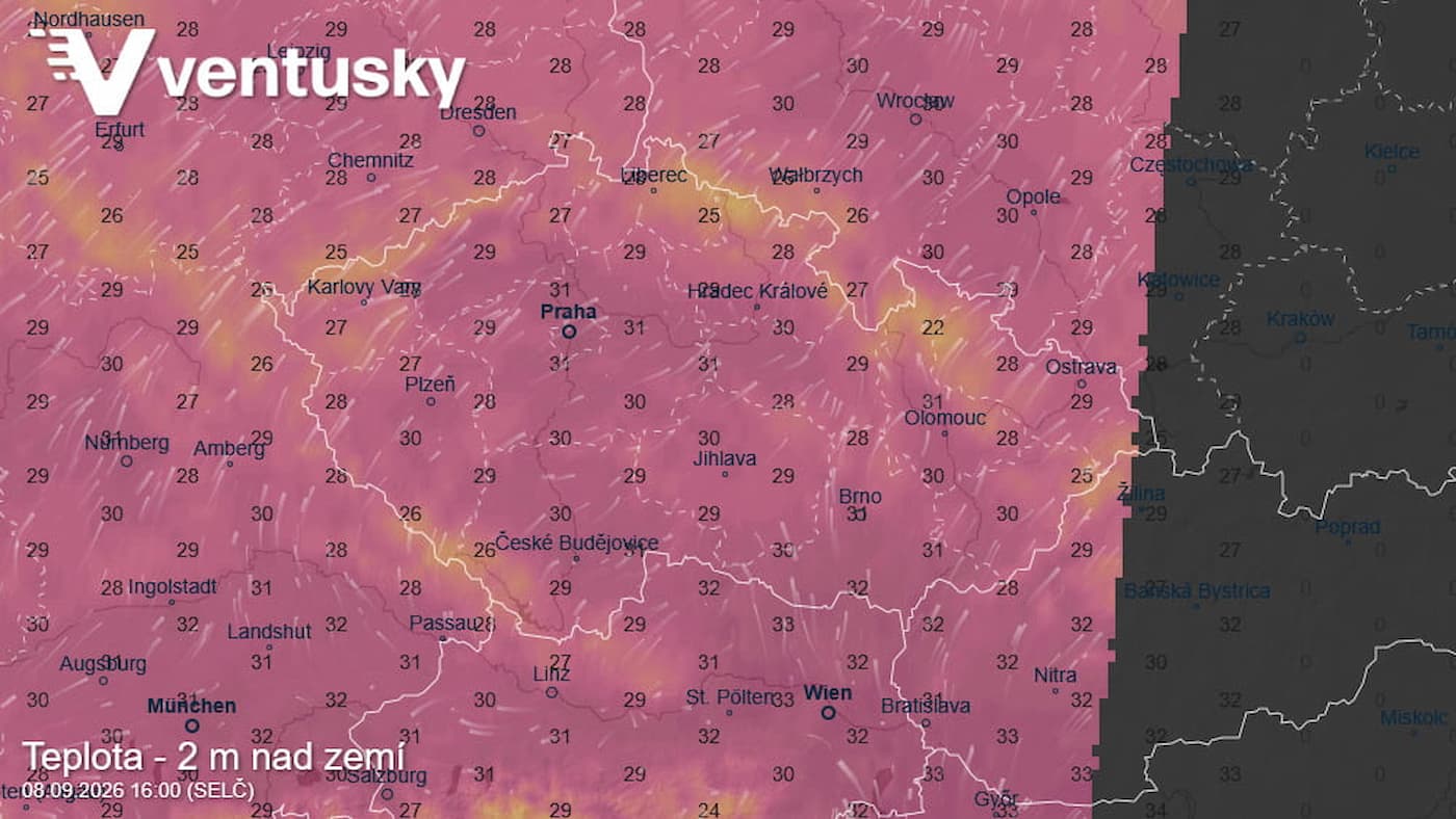 Obrázek očekávaných teplot pro Česko podle modelu ICON-DE