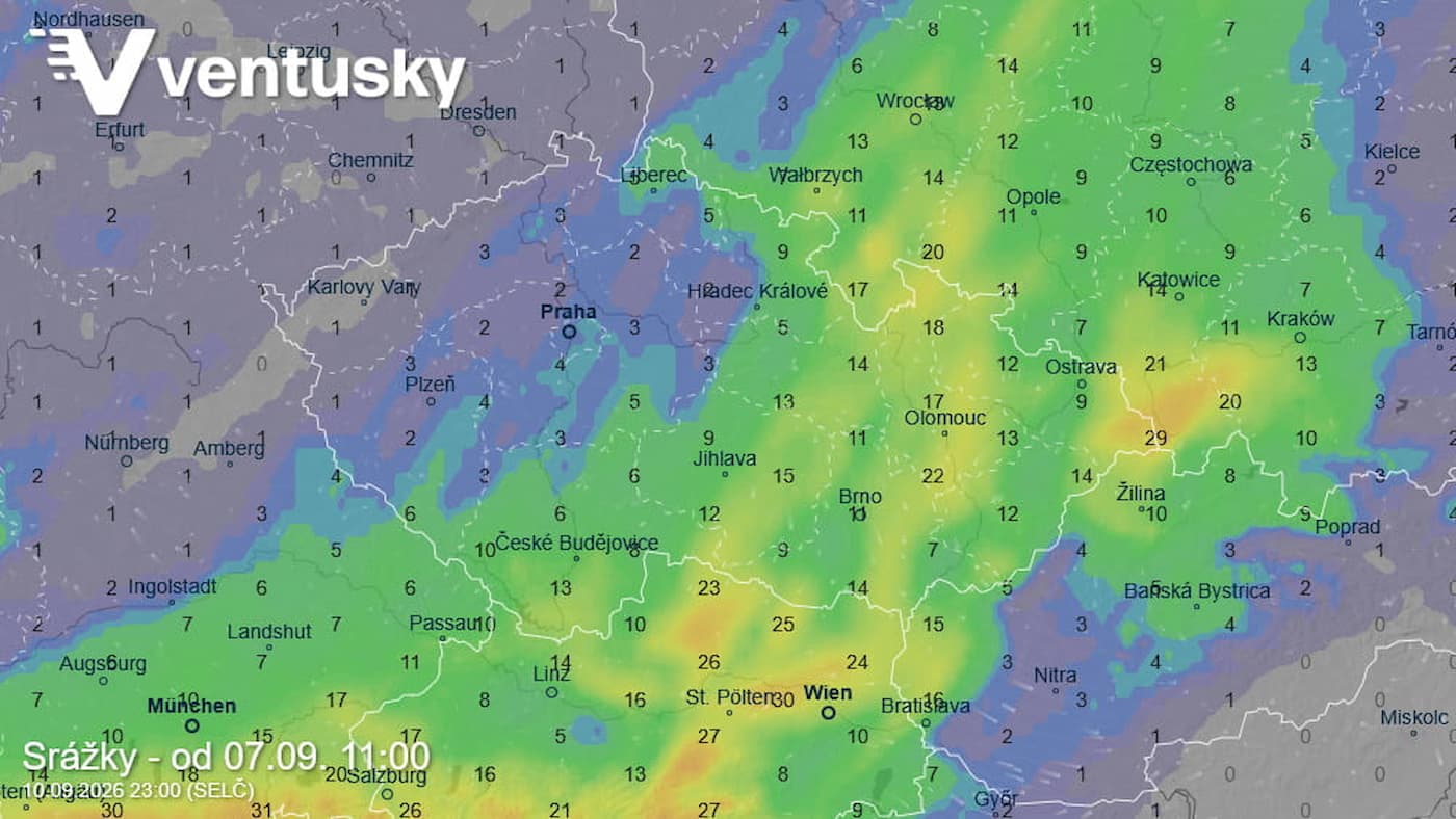 Obrázek mapy srážek do čtvrtečního večera