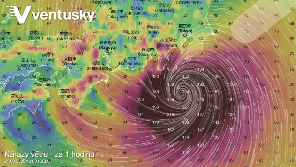 Meteorologická mapa předpovědi silného větru v Japonsku