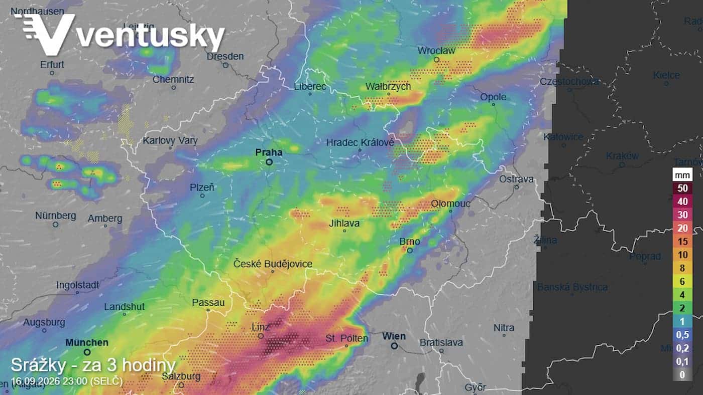 Radar se srážkami a bouřkami
