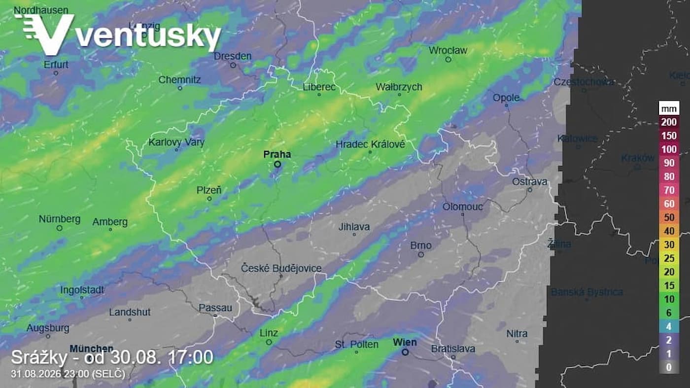 Obrázek srážek na mapě podle modelu ICON-DE