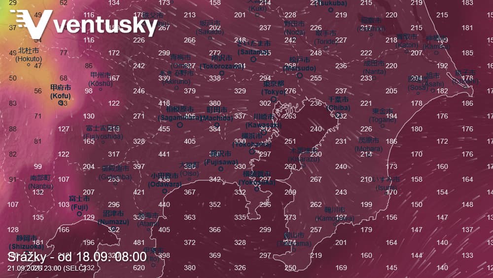 Mapa extrémních srážek a úhrnů v oblasti Tokio