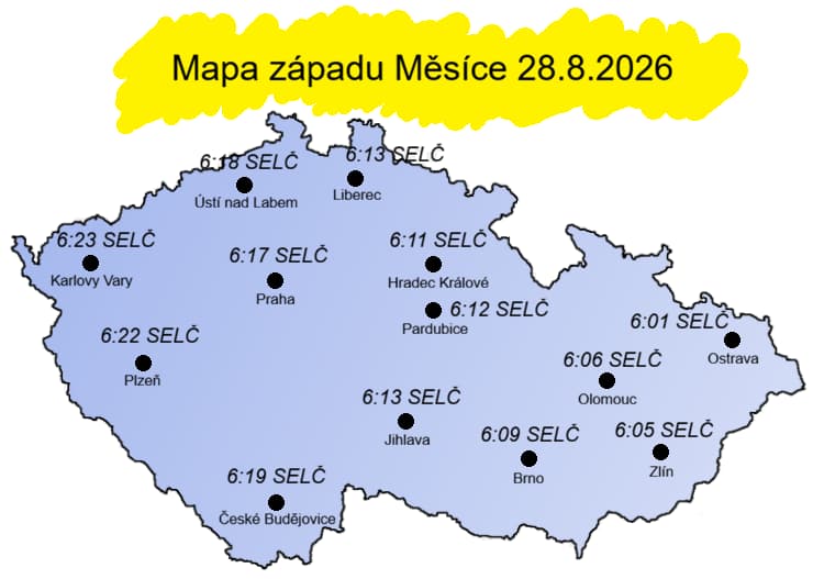 Mapa západů Měsíce pro hlavní města